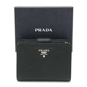 Prada Vitello Dino Leather Bi fold Wallet Triangle Logo L Zip Nero Black
